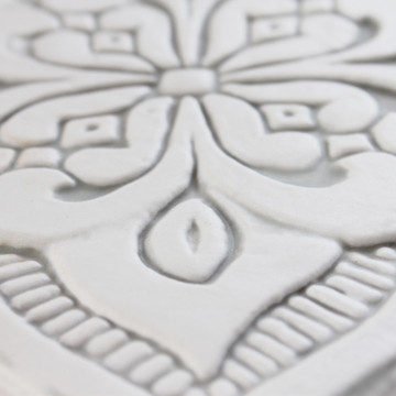 Handmade Moroccan tile for kitchens, bathrooms and outdoor wall art. Decorative tile handmade in Spain. Relief tile glazed in grey and white.