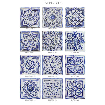 Handmade tile for kitchens, bathrooms and outdoor wall art. Decorative tile handmade in Spain. Relief tile glazed in blue and white.