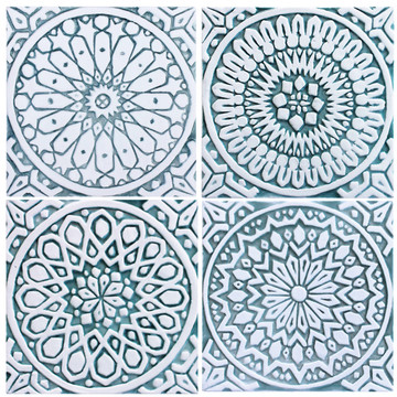 Handmade tile for kitchens, bathrooms and outdoor wall art. Decorative tile handmade in Spain. Relief tile glazed in aqua and white.