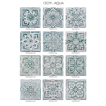 Handmade tile for kitchens, bathrooms and outdoor wall art. Decorative tile handmade in Spain. Relief tile glazed in aqua and white.