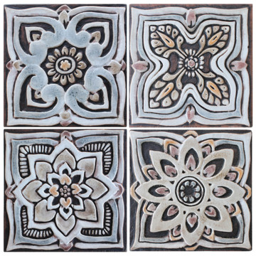 These decorative tiles make wonderful wall hangings and outdoor wall art.  These handmade Spanish tiles are carved in relief and glazed in matt brown and finished in aged effect.