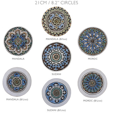These circular handmade tiles make unique wall hangings for kitchens, bathrooms or outdoor wall art. Our decorative tiles can also be combined with our other circular tiles to make larger wall art installations.