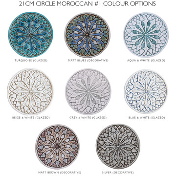 These circular handmade tiles make unique wall hangings for kitchens, bathrooms or outdoor wall art. Our decorative tiles can also be combined with our other circular tiles to make larger wall art installations.