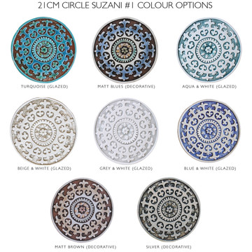 These circular handmade tiles make unique wall hangings for kitchens, bathrooms or outdoor wall art. Our decorative tiles can also be combined with our other circular tiles to make larger wall art installations.