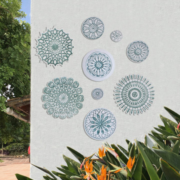 These circular handmade tiles make unique wall hangings for kitchens, bathrooms or outdoor wall art. Our decorative tiles can also be combined with our other circular tiles to make larger wall art installations.