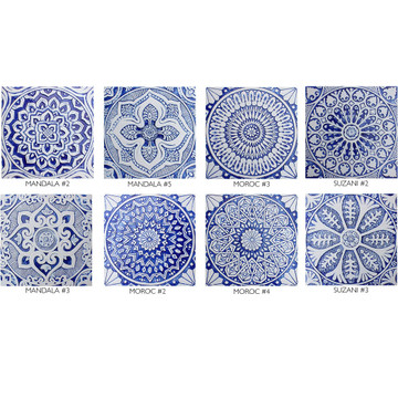 Large ceramic tile handmade in Spain. Blue and white decorative tile for kitchens, bathrooms or outdoor wall art.