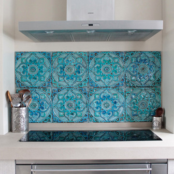 Kitchen backsplash using handmade tiles by GVega.  Handmade in Spain.