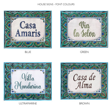 House sign made from ceramic. Address plaque hand painted with custom text. Handmade Spanish tile for house entrance.