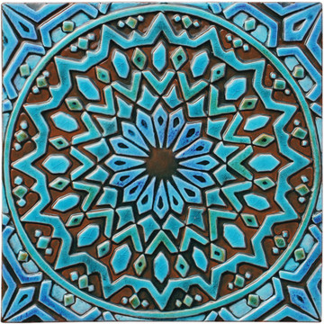 Turquoise handmade tile with decorative relief. Large decorative tile with Moroccan design.