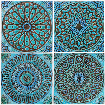 Turquoise handmade tile with decorative relief. Large decorative tile with Moroccan design.