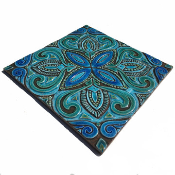 Handmade tile spanish #8 glazed in turquoise - zoom