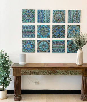 Handmade tiles turquoise, wall art installation