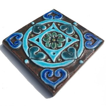 Handmade tile turquoise Mandala #2 [10cm/3.9"]