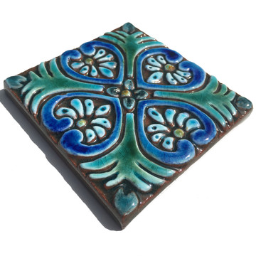 Handmade tile turquoise Spanish #2 [10cm/3.9"]