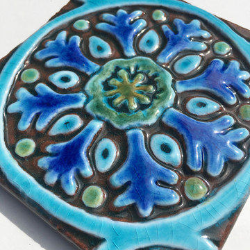 Handmade tile turquoise Suzani #1 [10cm/3.9"]