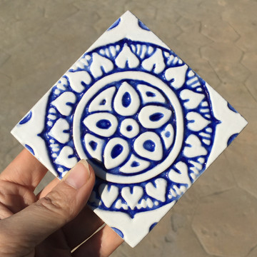 Handmade tile blue white Mandala #1 [10cm/3.9"]