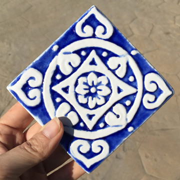 Handmade tile blue white Mandala #2 [10cm/3.9"]