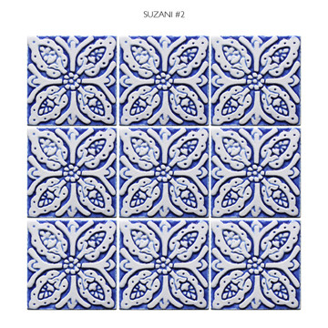 Handmade tile blue white Suzani #2 [10cm/3.9"]