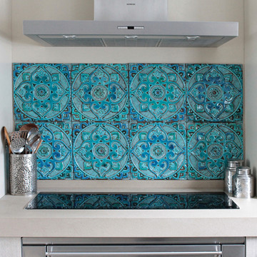 Turquoise handmade tile with decorative relief. Large decorative tile with Mandala design. Kitchen splashback.