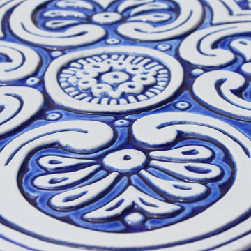 Blue and white Spanish tile close up detail