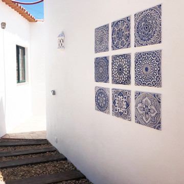 Blue and white tiles, outdoor wall art installation