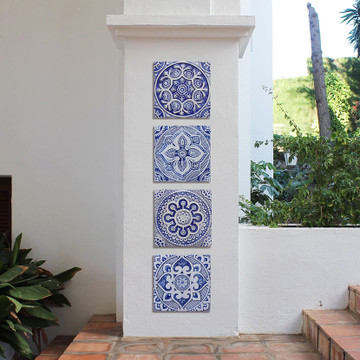 Blue and white tiles, outdoor wall art installation pillar
