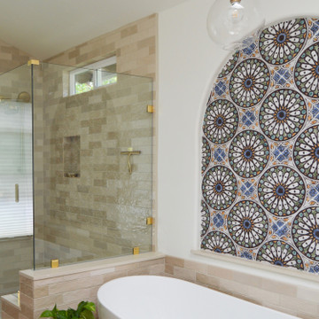 Large Moroccan tiles glazed in matt blue in bathroom niche