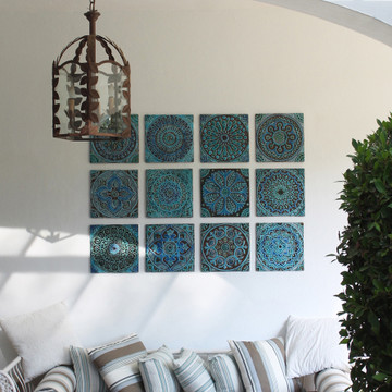 Ceramic wall art installation, garden decor - 12 turquoise tiles