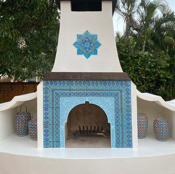 Large tapestry tile wall art - turquoise - fireplace