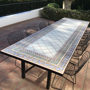 Mosaic table tapestry tiles glazed in matt blue