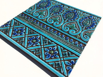 Large tapestry tile ceramic wall art - turquoise