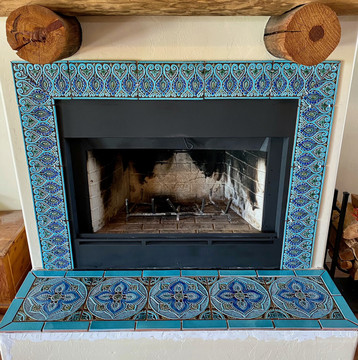 Large tapestry tile wall art - turquoise - fireplace