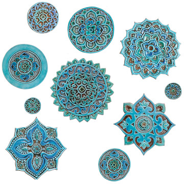 These handmade tiles make unique wall art for kitchens and bathrooms. Our decorative turquoise circle tiles make wonderful outdoor wall art, perfect for garden or terrace walls.