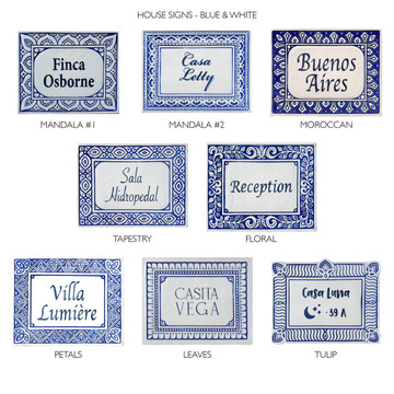 House sign made from ceramic. Address plaque hand painted with custom text. Handmade Spanish tile for house entrance.