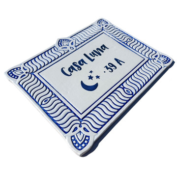 House sign made from ceramic. Address plaque hand painted with custom text. Handmade Spanish tile for house entrance.