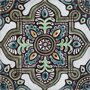 Spanish tile for kitchens, bathrooms and wall art. Beautiful handmade tile carved with relief and hand painted. Glazed in matt green tones.