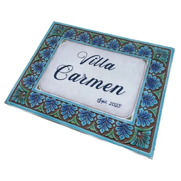 House sign made from ceramic. Address plaque hand painted with custom text. Handmade Spanish tile for house entrance.
