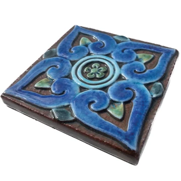 handmade ceramic tile with relief, 10cm, turquoise
