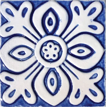handmade ceramic tile with relief, 10cm / 3.9", white&blue