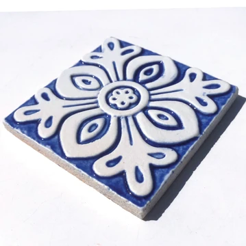 handmade ceramic tile with relief, 10cm / 3.9", white&blue