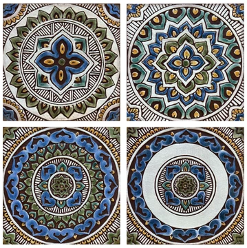 hese handmade tiles make outdoor wall art.  Decorative tile handmade in Spain.