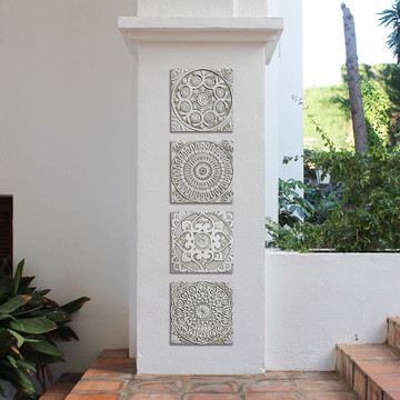 Handmade tile for kitchens, bathrooms and outdoor wall art. Decorative tile handmade in Spain. Relief tile glazed in beige and white.