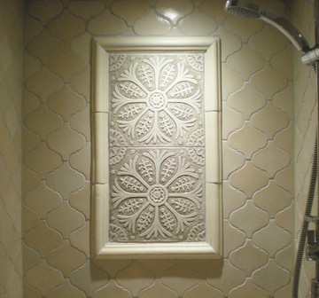 Handmade moroccan tile for kitchens, bathrooms and outdoor wall art. Decorative tile handmade in Spain. Relief tile glazed in beige and white.