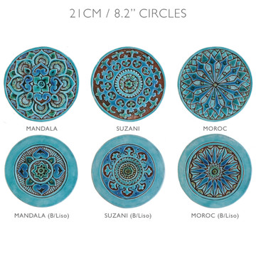 These turquoise handmade tiles make unique wall hangings for kitchens, bathrooms or outdoor wall art. Our decorative tiles can also be combined with our many other circular tiles to make larger wall art installations.