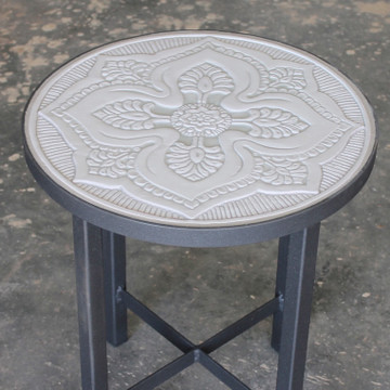Mosaic table made from Handmade tiles.  Custom designed ceramic table, handmade in Spain.