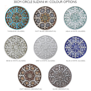 These circular handmade tiles make unique wall hangings for kitchens, bathrooms or outdoor wall art. Our turquoise decorative tiles can also be combined with our many other circular tiles to make larger wall art installations.