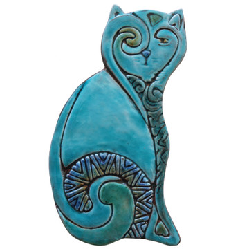 Ceramic Wall Art Cat Turquoise Plain SET2