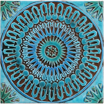 Turquoise Moroccan tile with decorative relief. Large decorative tiles handmade in Spain.