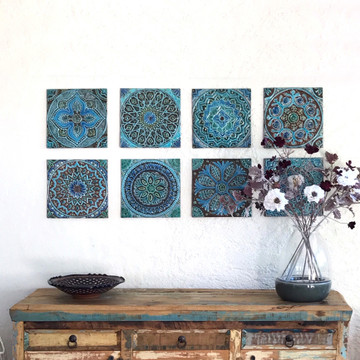 Turquoise handmade tiles with decorative relief. Large decorative tiles handmade in Spain.
