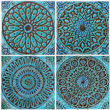 Turquoise handmade tiles with decorative relief. Large decorative tiles handmade in Spain.